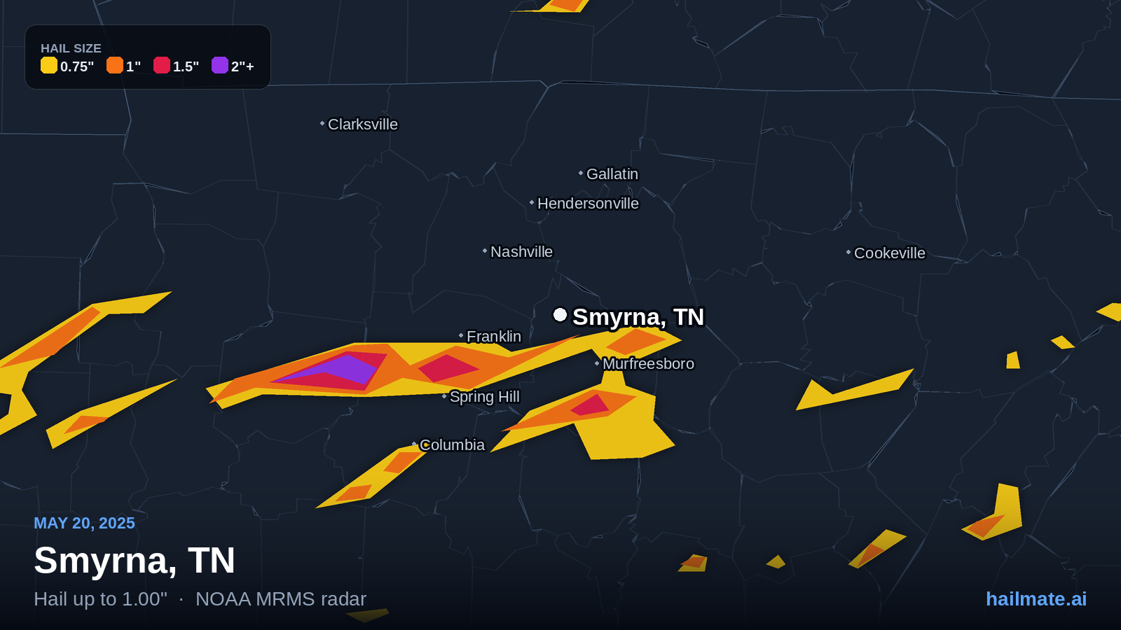 Hail swath map for Smyrna, TN on May 20, 2025 showing 1.00 inch hail.