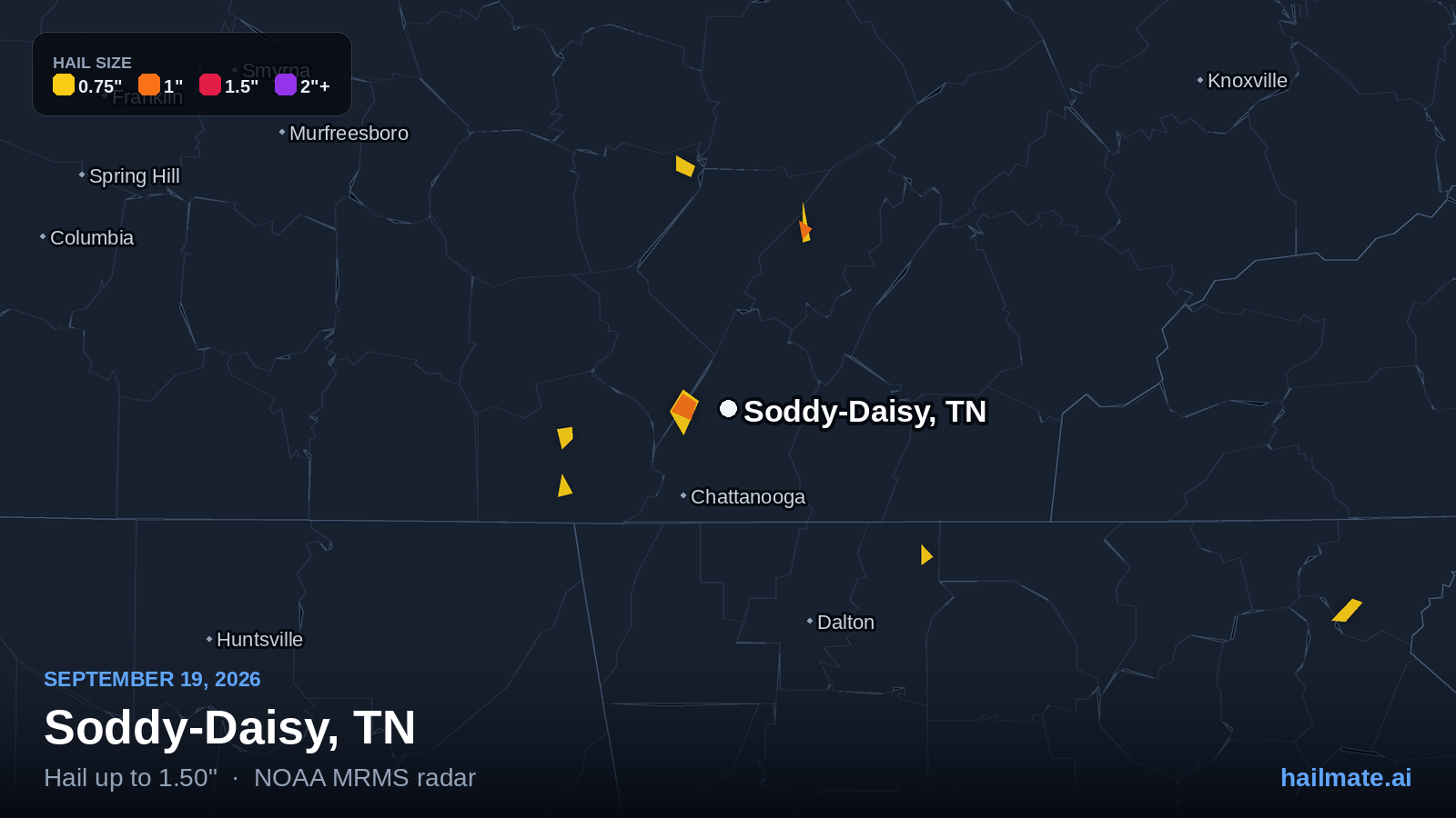 Hail swath map for Soddy-Daisy, TN on September 19, 2026 showing 1.50 inch hail.