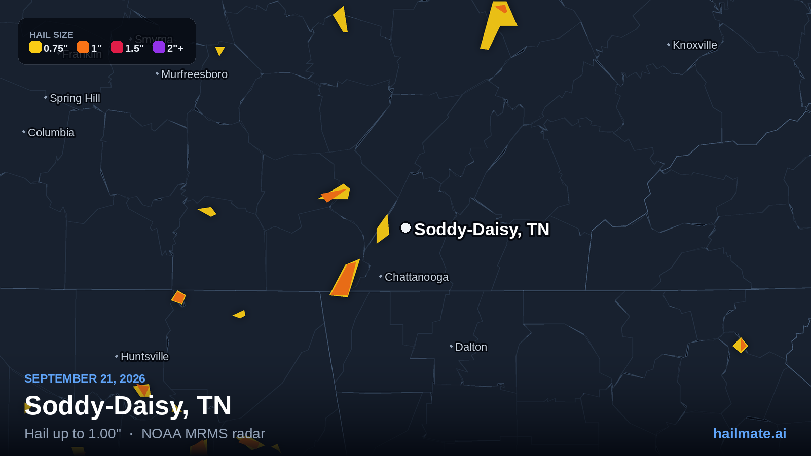 Hail swath map for Soddy-Daisy, TN on September 21, 2026 showing 1.00 inch hail.