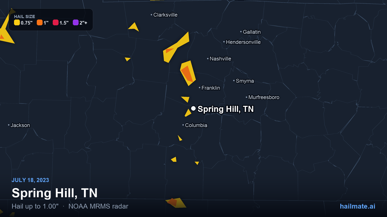 Hail swath map for Spring Hill, TN on July 18, 2023 showing 1.00 inch hail.