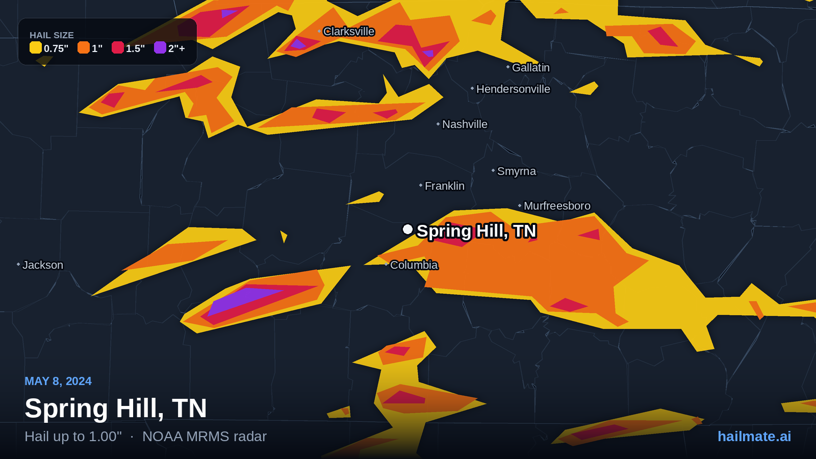 Hail swath map for Spring Hill, TN on May 8, 2024 showing 1.00 inch hail.