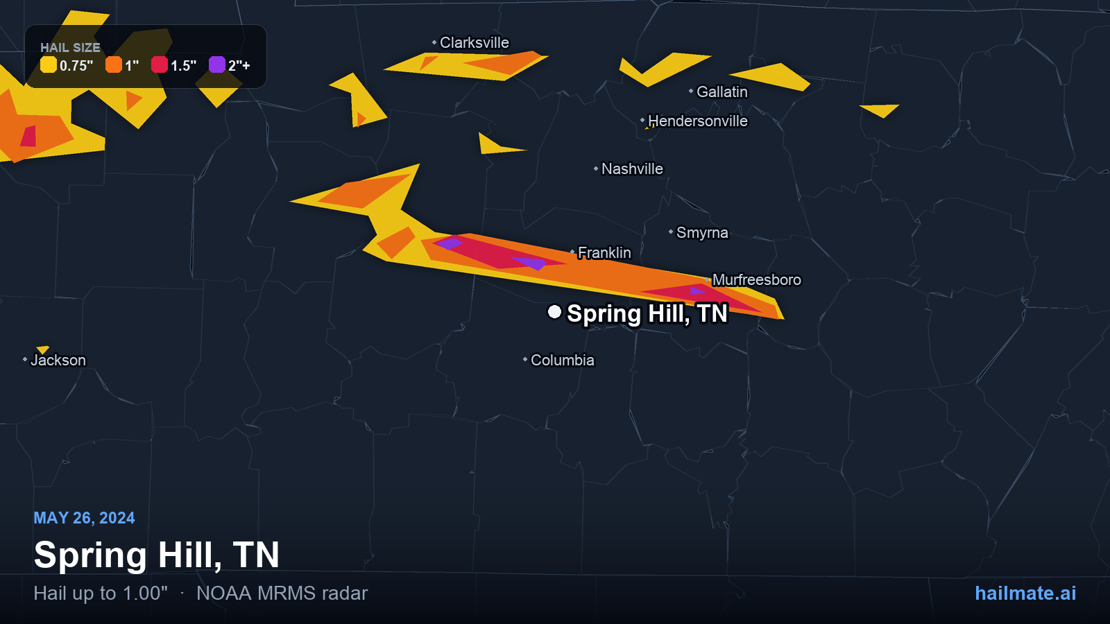 Hail swath map for Spring Hill, TN on May 26, 2024 showing 1.00 inch hail.