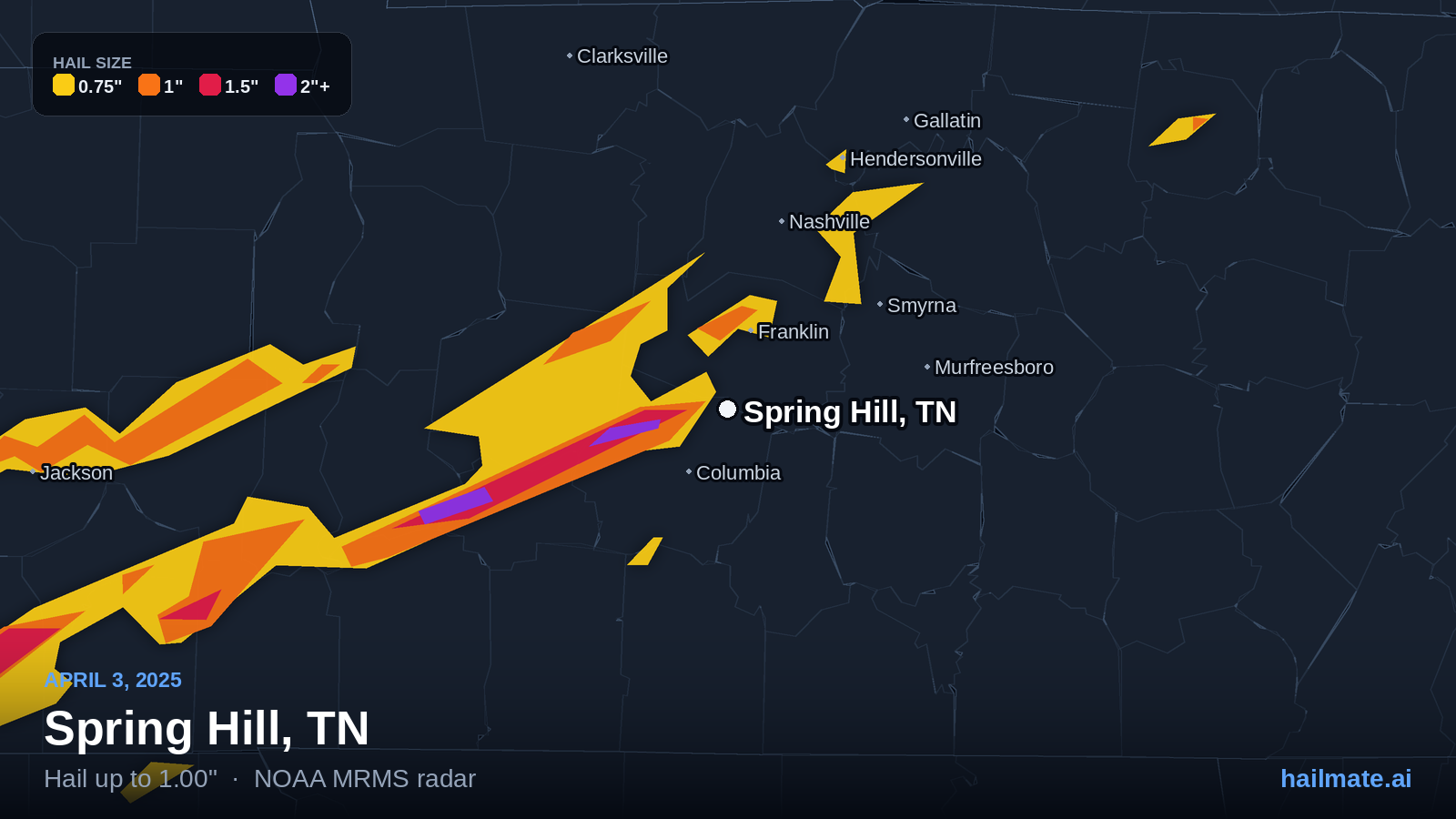 Hail swath map for Spring Hill, TN on April 3, 2025 showing 1.00 inch hail.