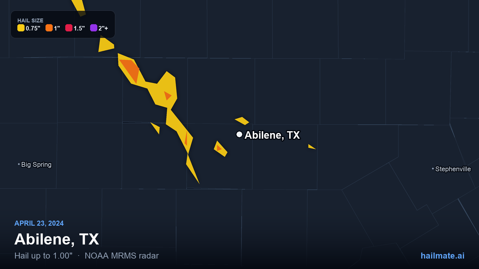 Hail swath map for Abilene, TX on April 23, 2024 showing 1.00 inch hail.