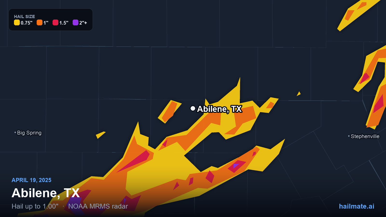 Hail swath map for Abilene, TX on April 19, 2025 showing 1.00 inch hail.