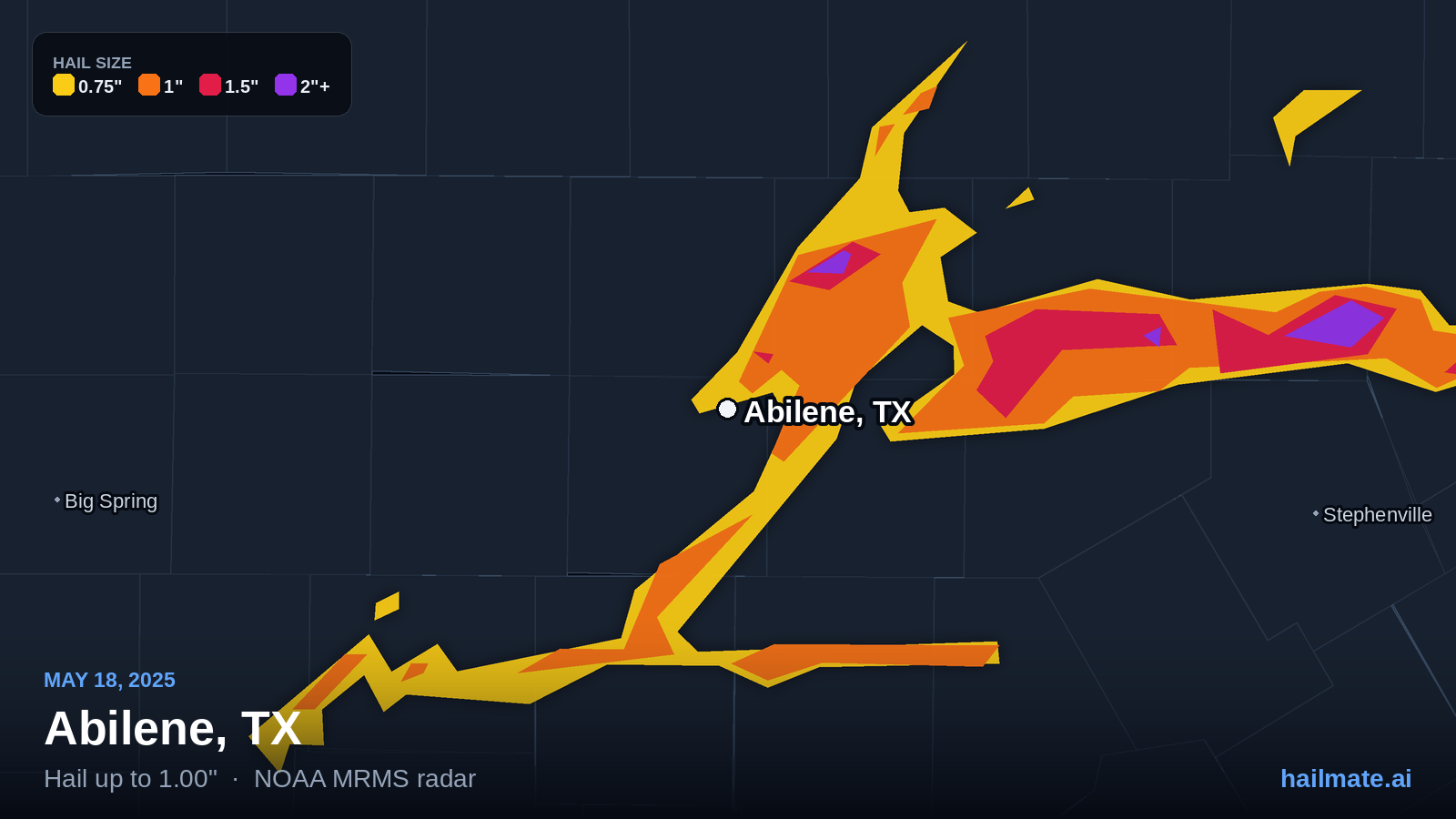 Hail swath map for Abilene, TX on May 18, 2025 showing 1.00 inch hail.