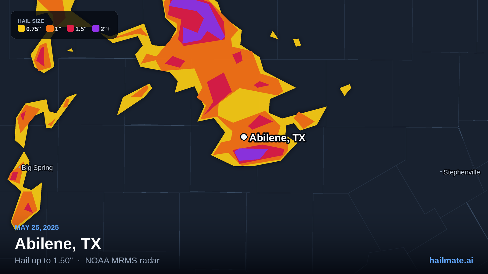 Hail swath map for Abilene, TX on May 25, 2025 showing 1.50 inch hail.