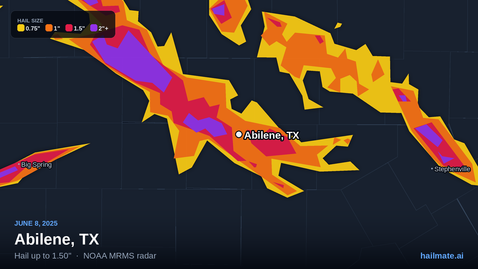Hail swath map for Abilene, TX on June 8, 2025 showing 1.50 inch hail.