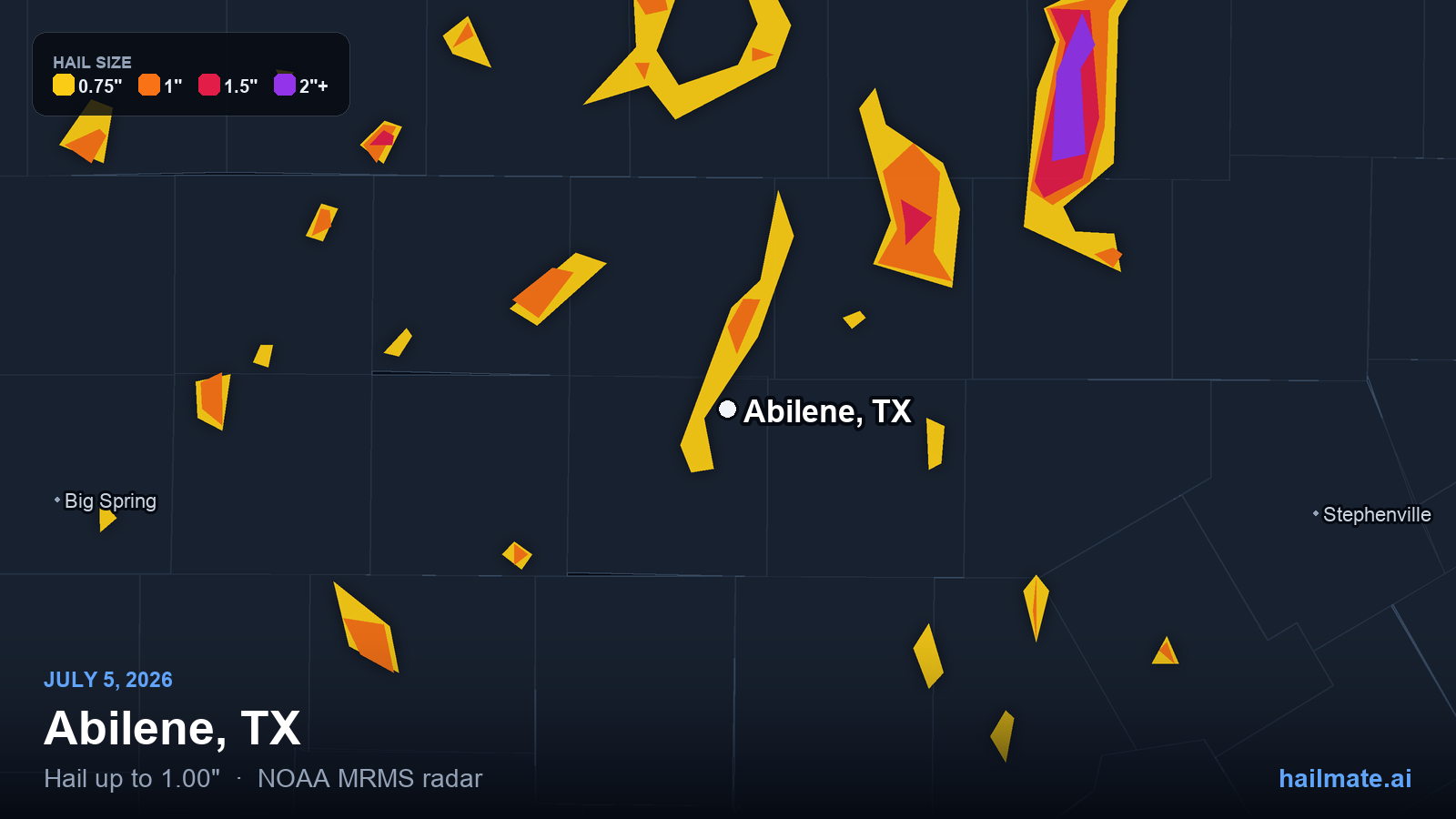 Hail swath map for Abilene, TX on July 5, 2026 showing 1.00 inch hail.