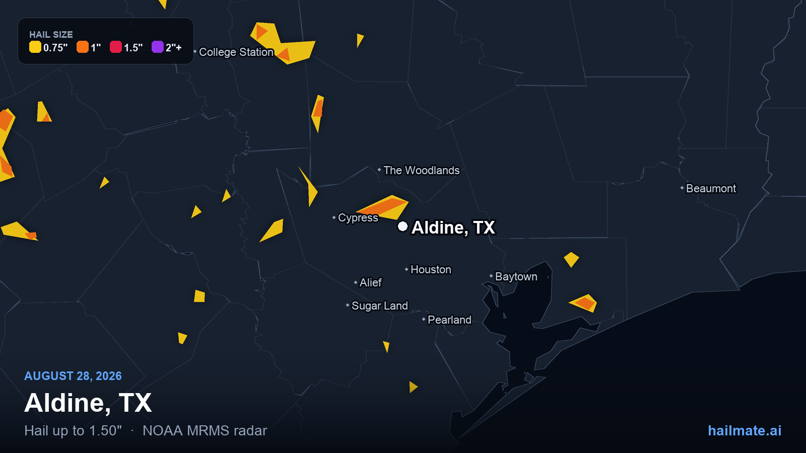 Hail swath map for Aldine, TX on August 28, 2026 showing 1.50 inch hail.