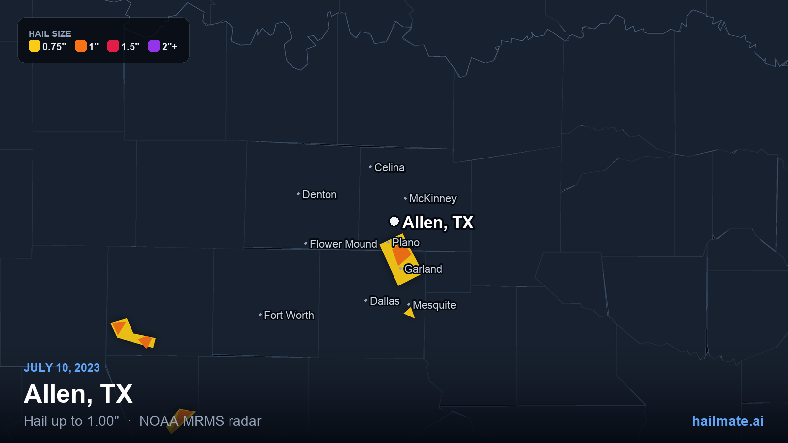 Hail swath map for Allen, TX on July 10, 2023 showing 1.00 inch hail.