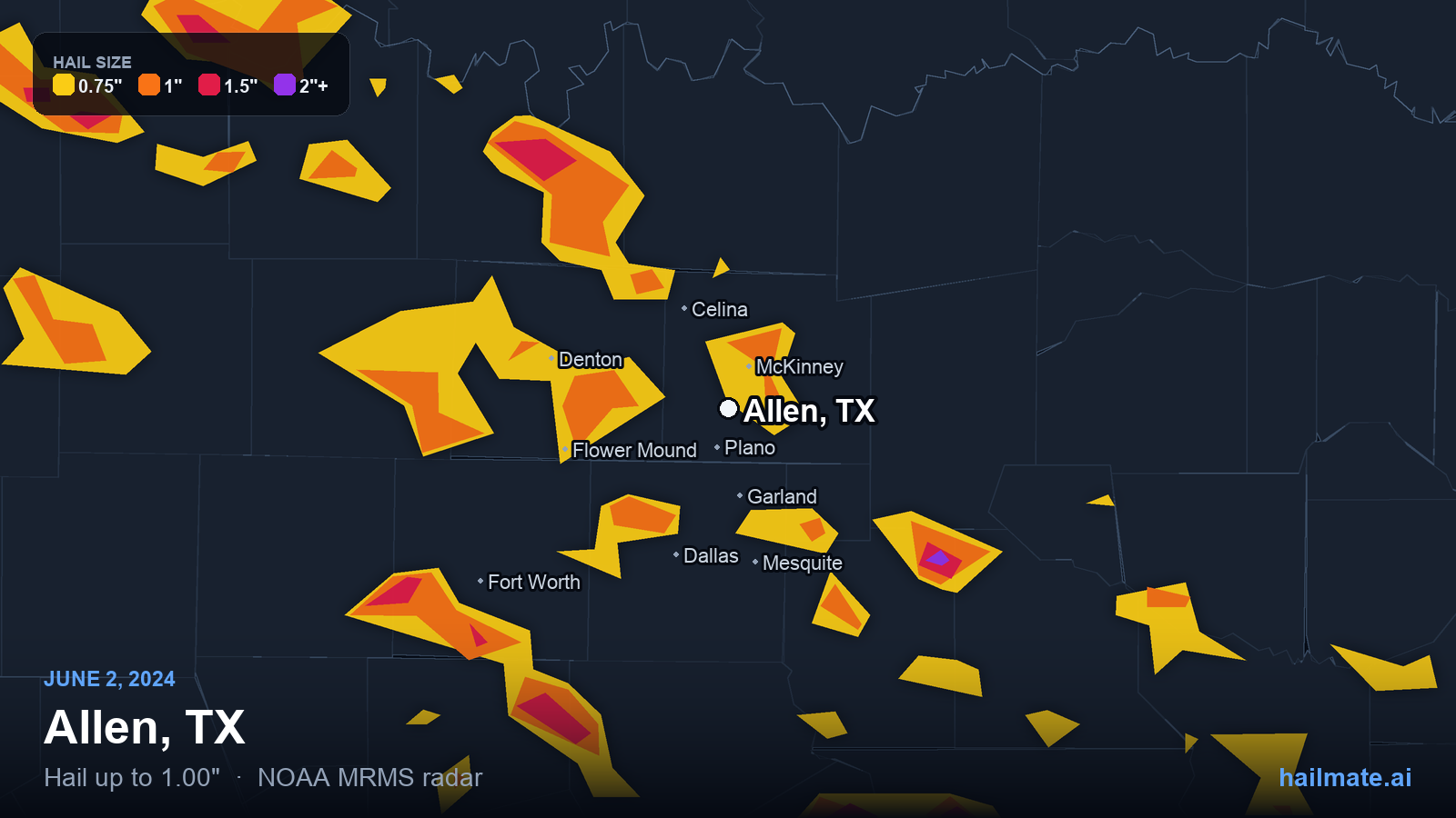 Hail swath map for Allen, TX on June 2, 2024 showing 1.00 inch hail.
