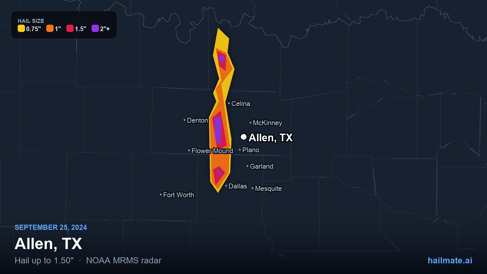 Hail swath map for Allen, TX on September 25, 2024 showing 1.50 inch hail.