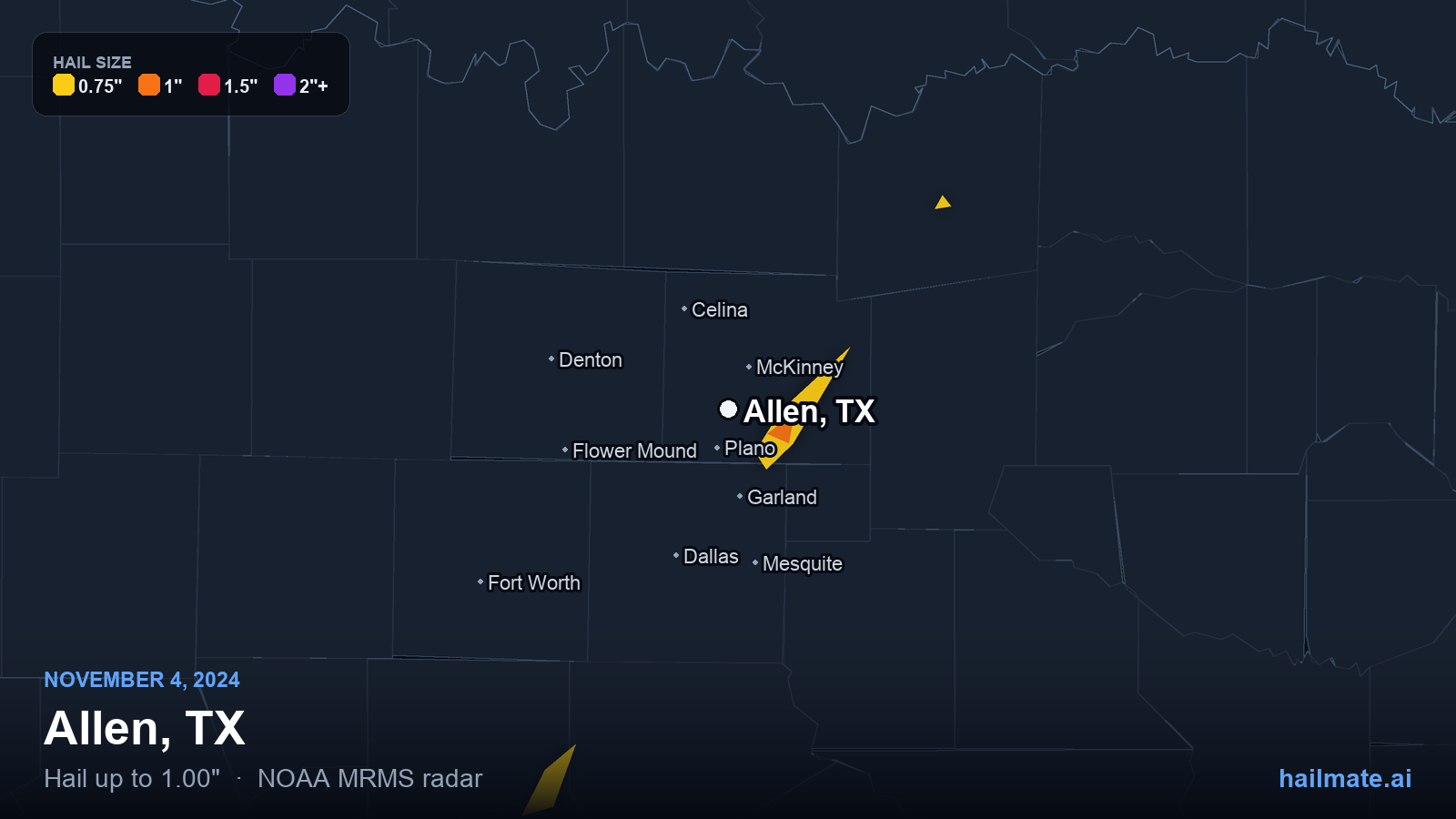 Hail swath map for Allen, TX on November 4, 2024 showing 1.00 inch hail.