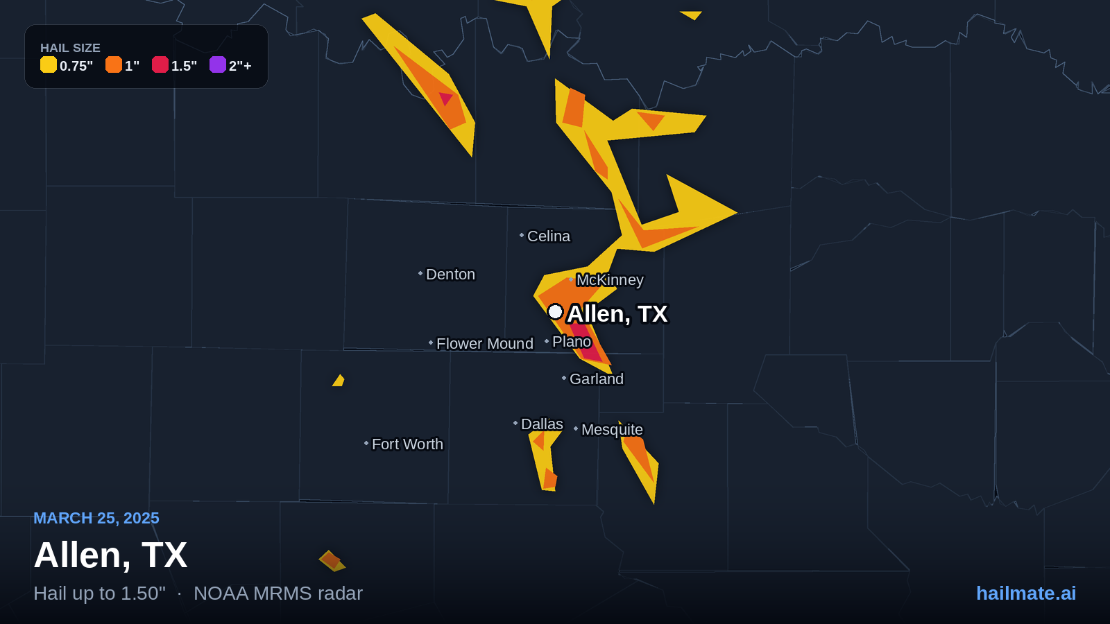 Hail swath map for Allen, TX on March 25, 2025 showing 1.50 inch hail.