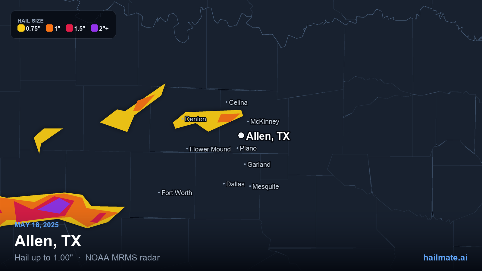 Hail swath map for Allen, TX on May 18, 2025 showing 1.00 inch hail.