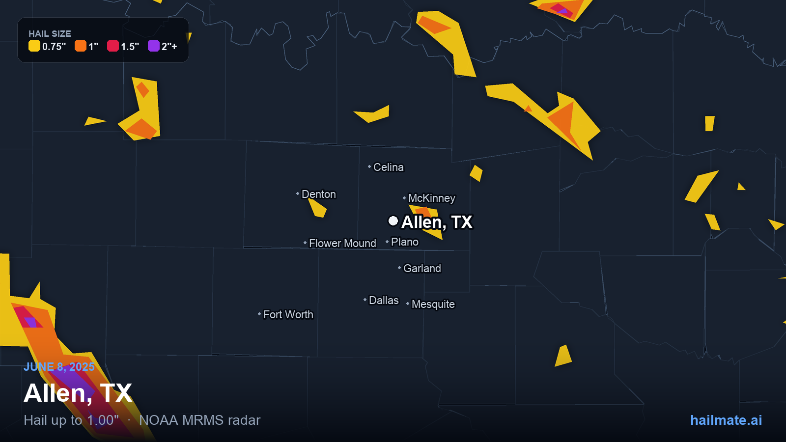Hail swath map for Allen, TX on June 8, 2025 showing 1.00 inch hail.