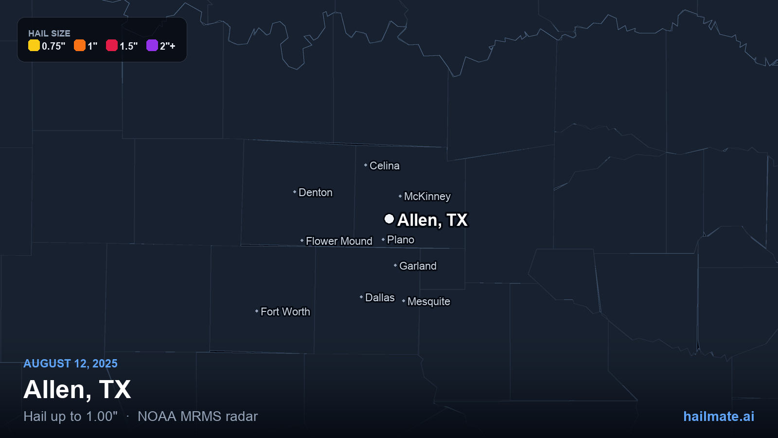 Hail swath map for Allen, TX on August 12, 2025 showing 1.00 inch hail.