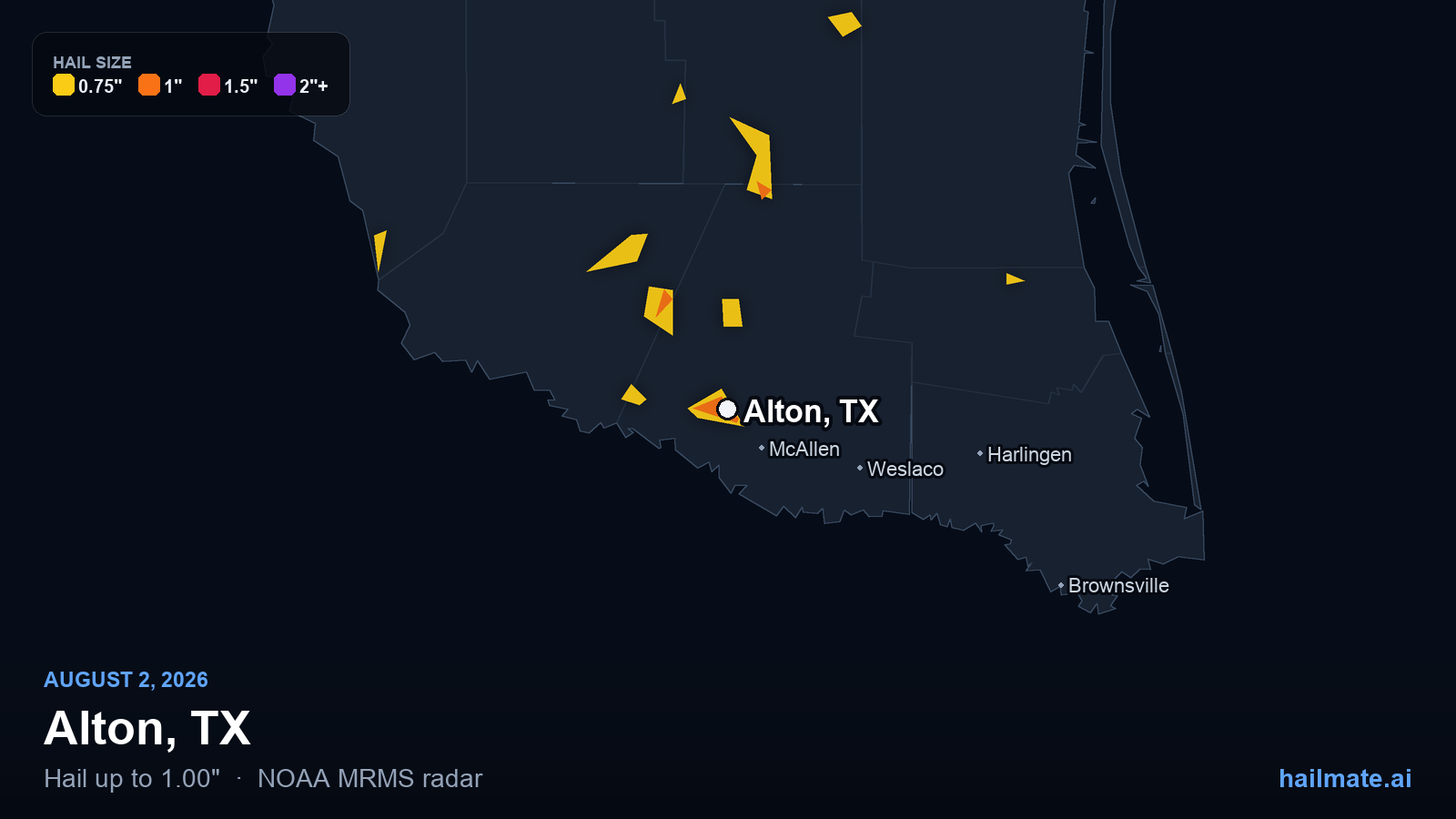 Hail swath map for Alton, TX on August 2, 2026 showing 1.00 inch hail.