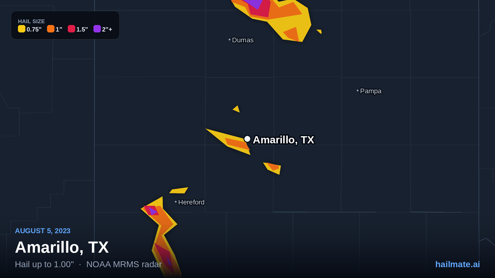 Hail swath map for Amarillo, TX on August 5, 2023 showing 1.00 inch hail.