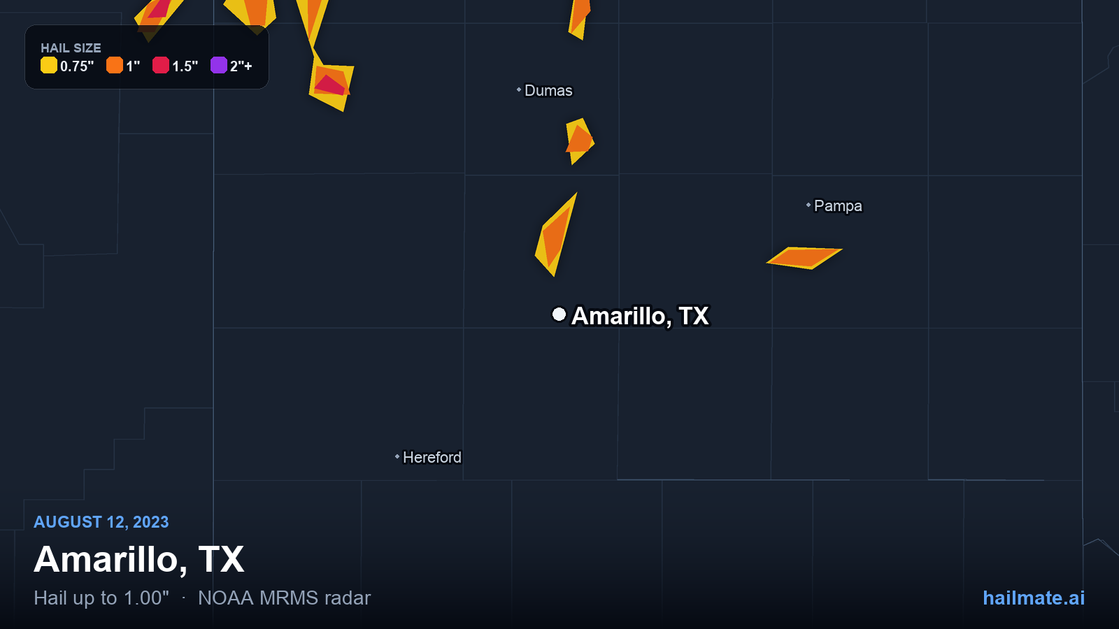 Hail swath map for Amarillo, TX on August 12, 2023 showing 1.00 inch hail.