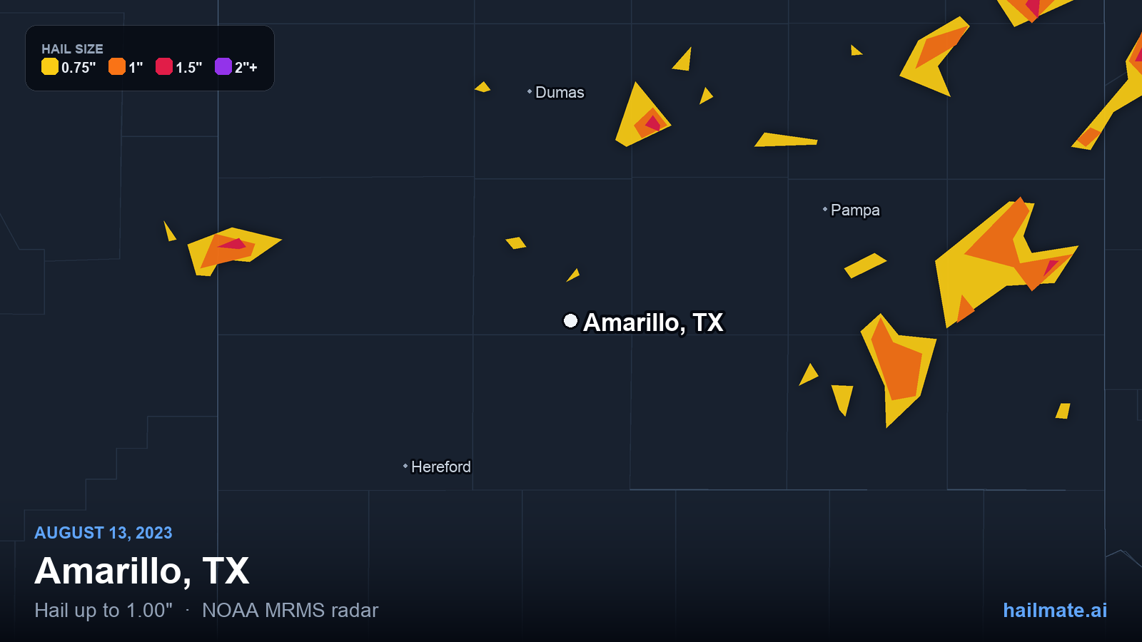 Hail swath map for Amarillo, TX on August 13, 2023 showing 1.00 inch hail.