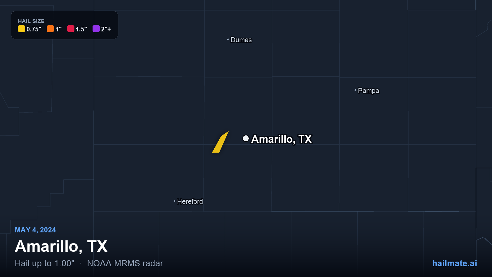 Hail swath map for Amarillo, TX on May 4, 2024 showing 1.00 inch hail.