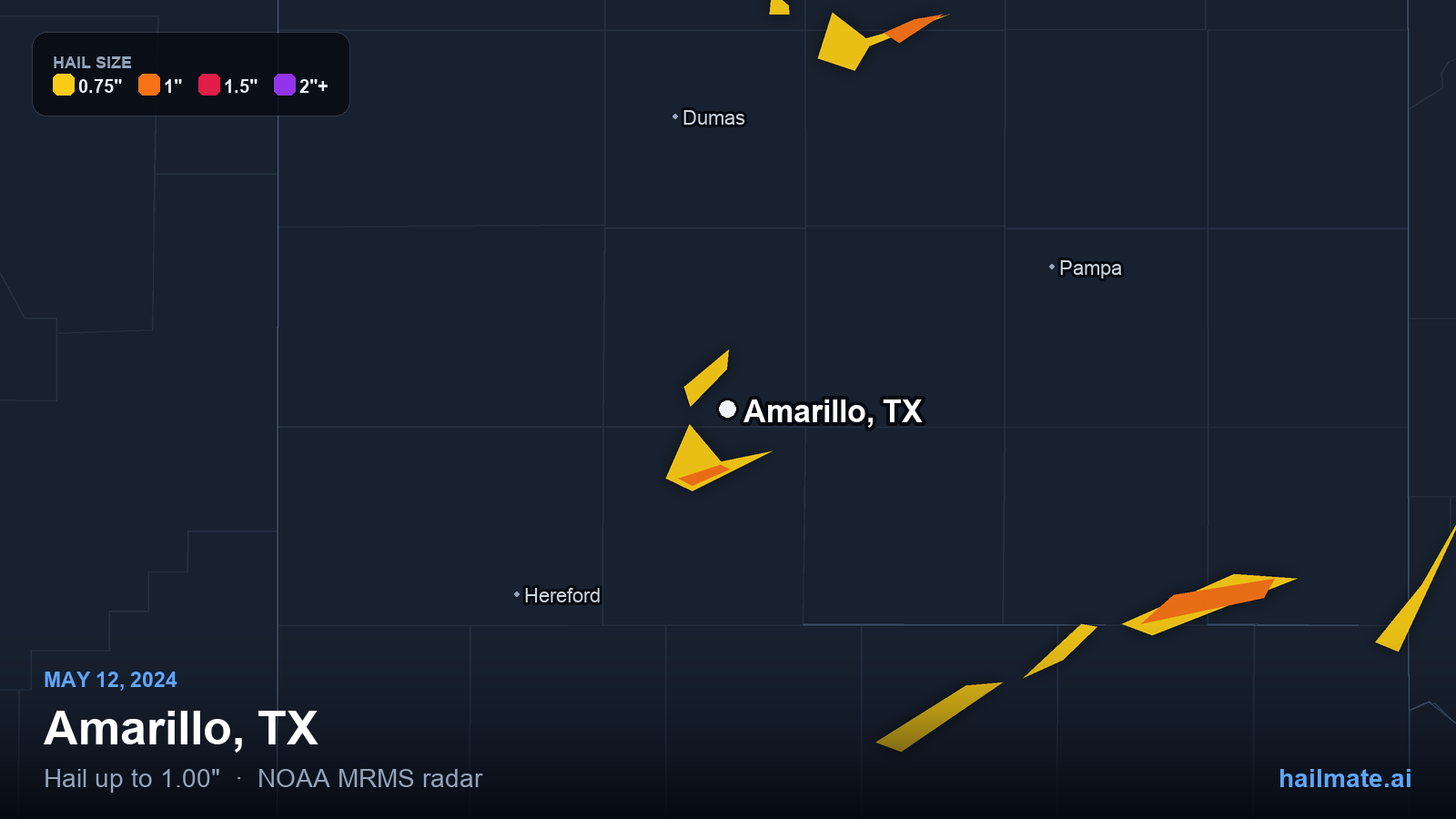 Hail swath map for Amarillo, TX on May 12, 2024 showing 1.00 inch hail.