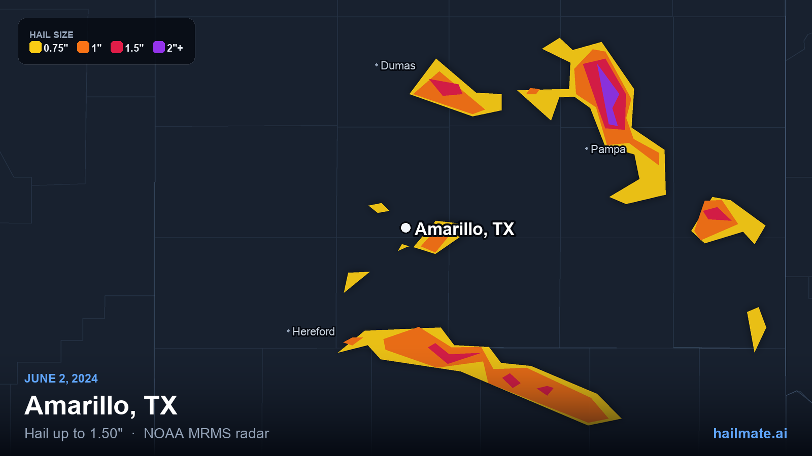 Hail swath map for Amarillo, TX on June 2, 2024 showing 1.50 inch hail.