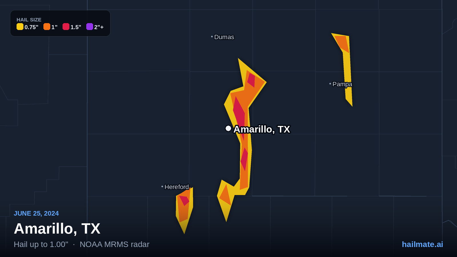 Hail swath map for Amarillo, TX on June 25, 2024 showing 1.00 inch hail.