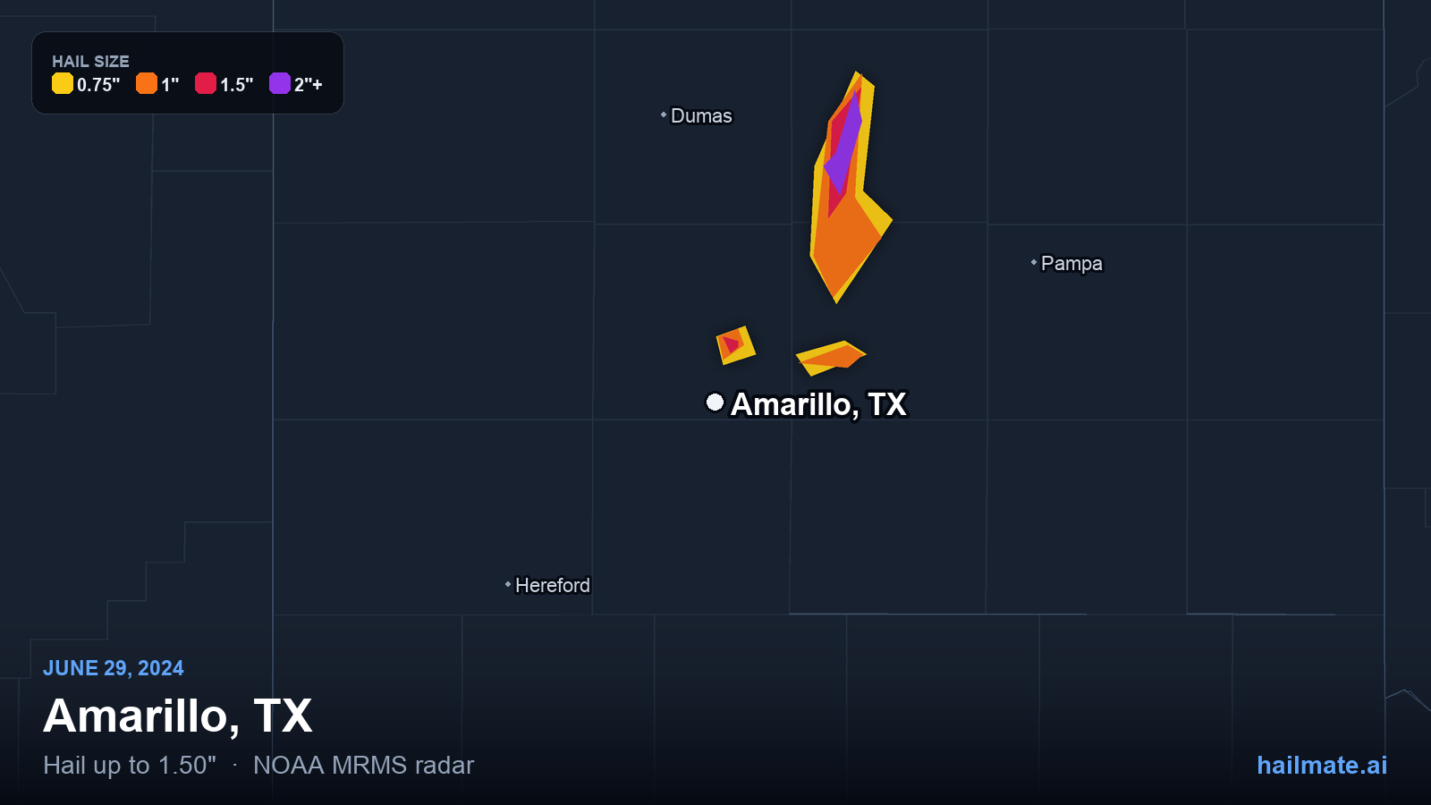 Hail swath map for Amarillo, TX on June 29, 2024 showing 1.50 inch hail.