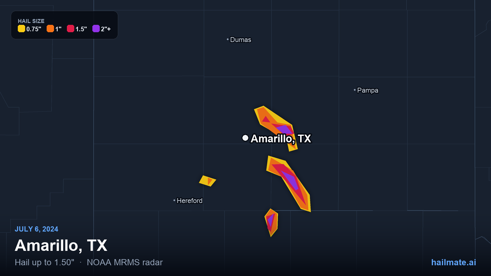 Hail swath map for Amarillo, TX on July 6, 2024 showing 1.50 inch hail.
