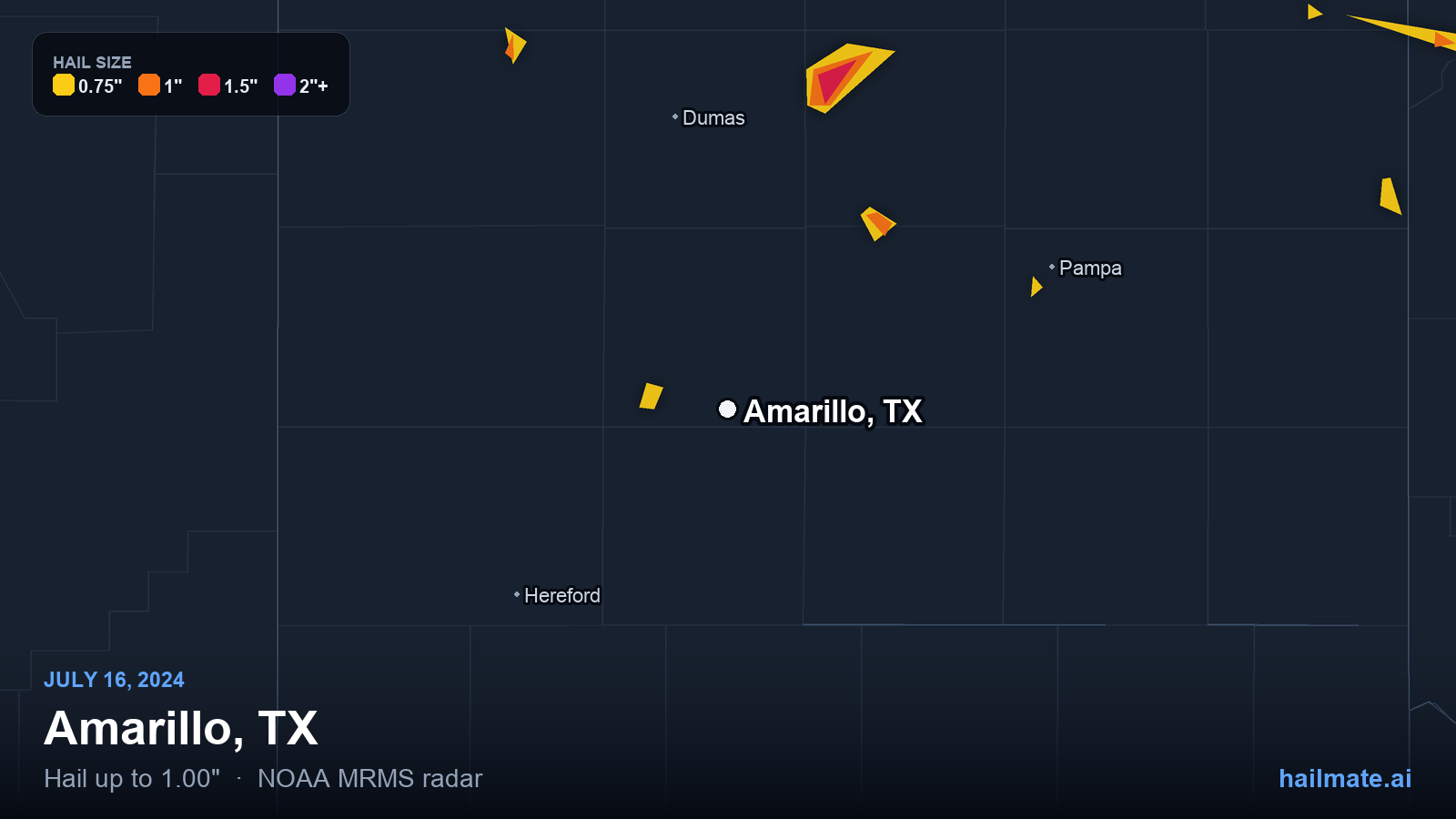 Hail swath map for Amarillo, TX on July 16, 2024 showing 1.00 inch hail.