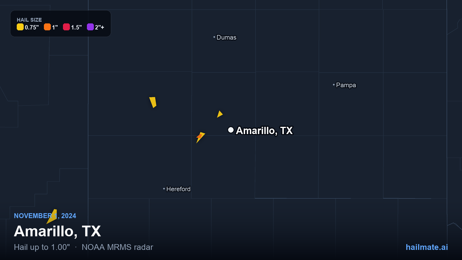 Hail swath map for Amarillo, TX on November 1, 2024 showing 1.00 inch hail.