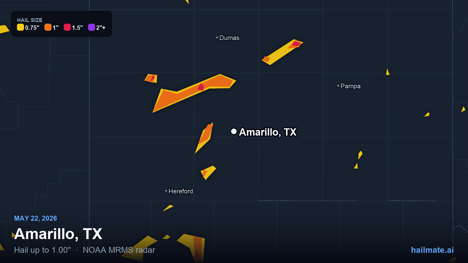 Hail swath map for Amarillo, TX on May 22, 2026 showing 1.00 inch hail.