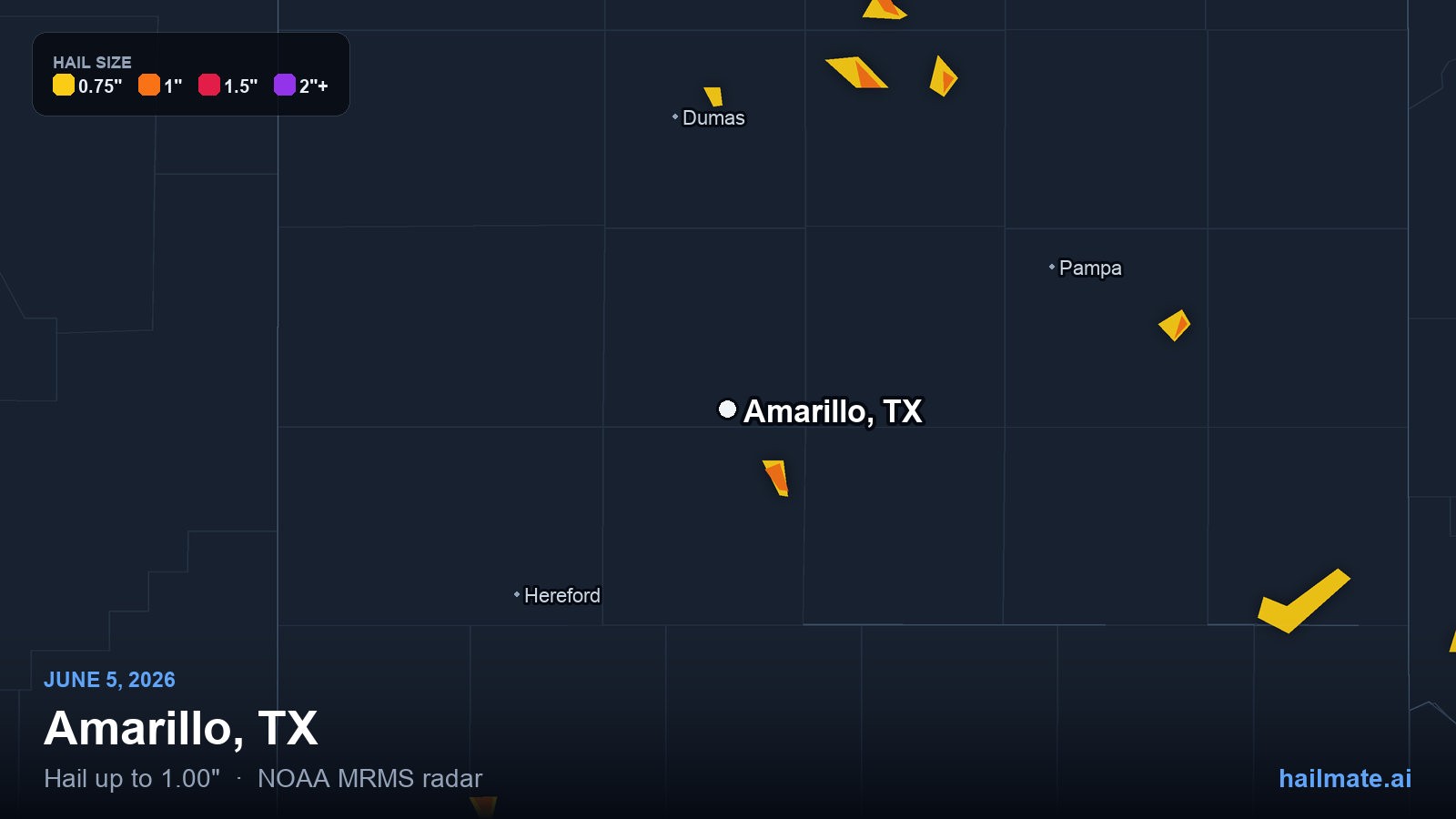 Hail swath map for Amarillo, TX on June 5, 2026 showing 1.00 inch hail.
