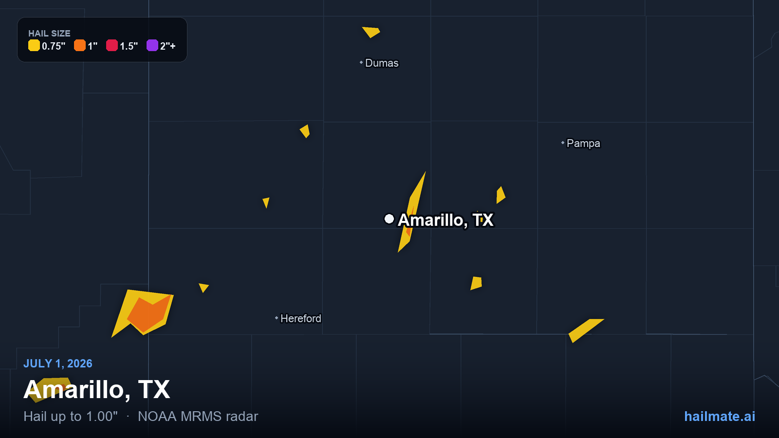 Hail swath map for Amarillo, TX on July 1, 2026 showing 1.00 inch hail.