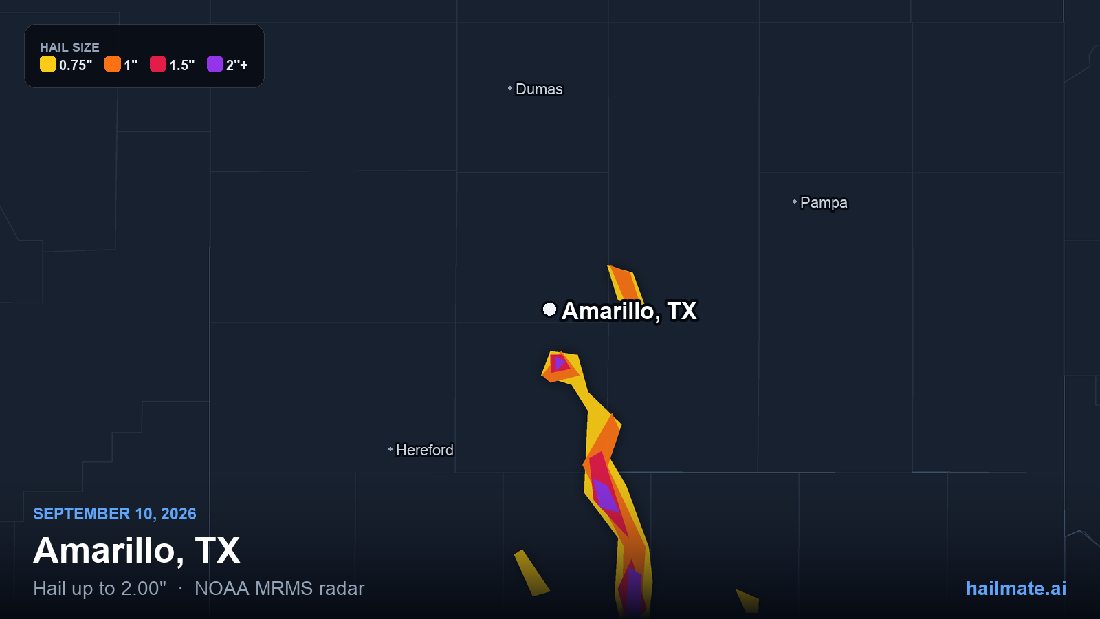 Hail swath map for Amarillo, TX on September 10, 2026 showing 2.00 inch hail.