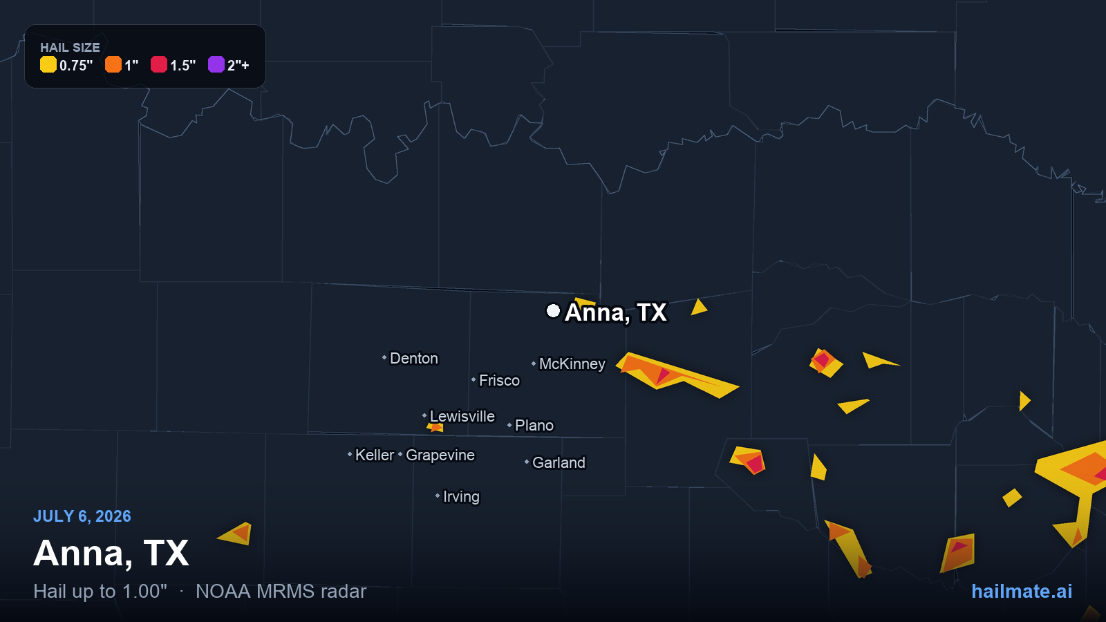 Hail swath map for Anna, TX on July 6, 2026 showing 1.00 inch hail.