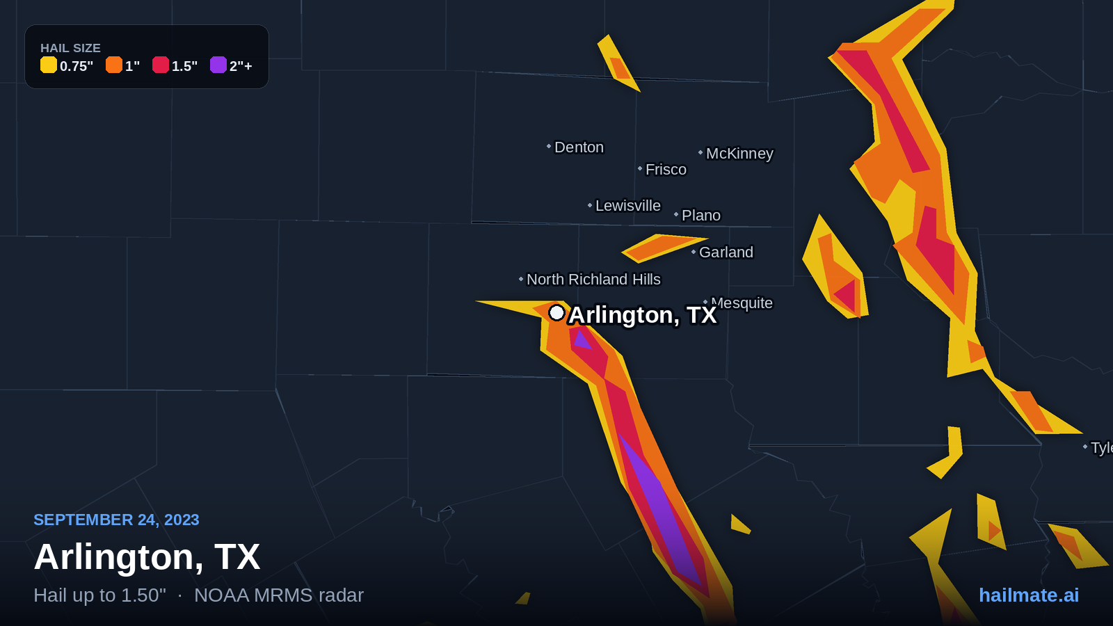 Hail swath map for Arlington, TX on September 24, 2023 showing 1.50 inch hail.