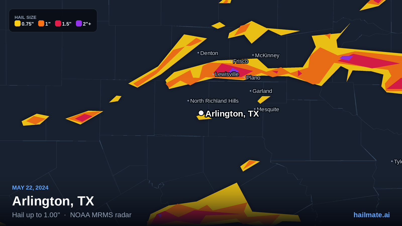 Hail swath map for Arlington, TX on May 22, 2024 showing 1.00 inch hail.