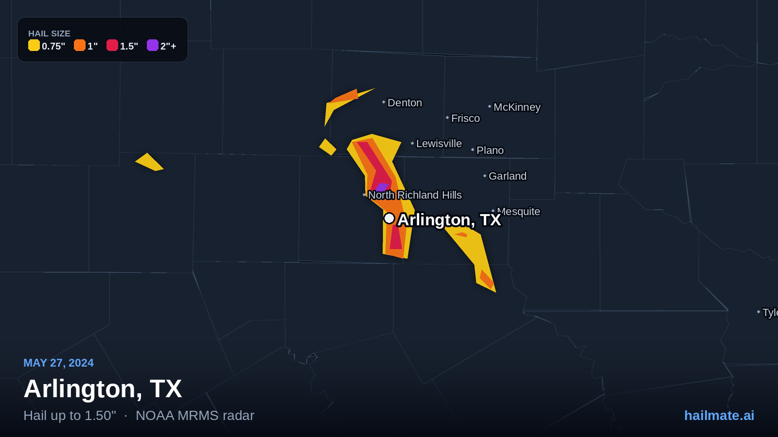 Hail swath map for Arlington, TX on May 27, 2024 showing 1.50 inch hail.