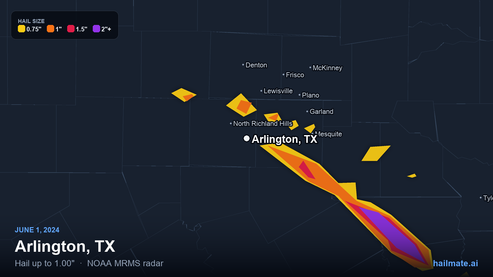 Hail swath map for Arlington, TX on June 1, 2024 showing 1.00 inch hail.