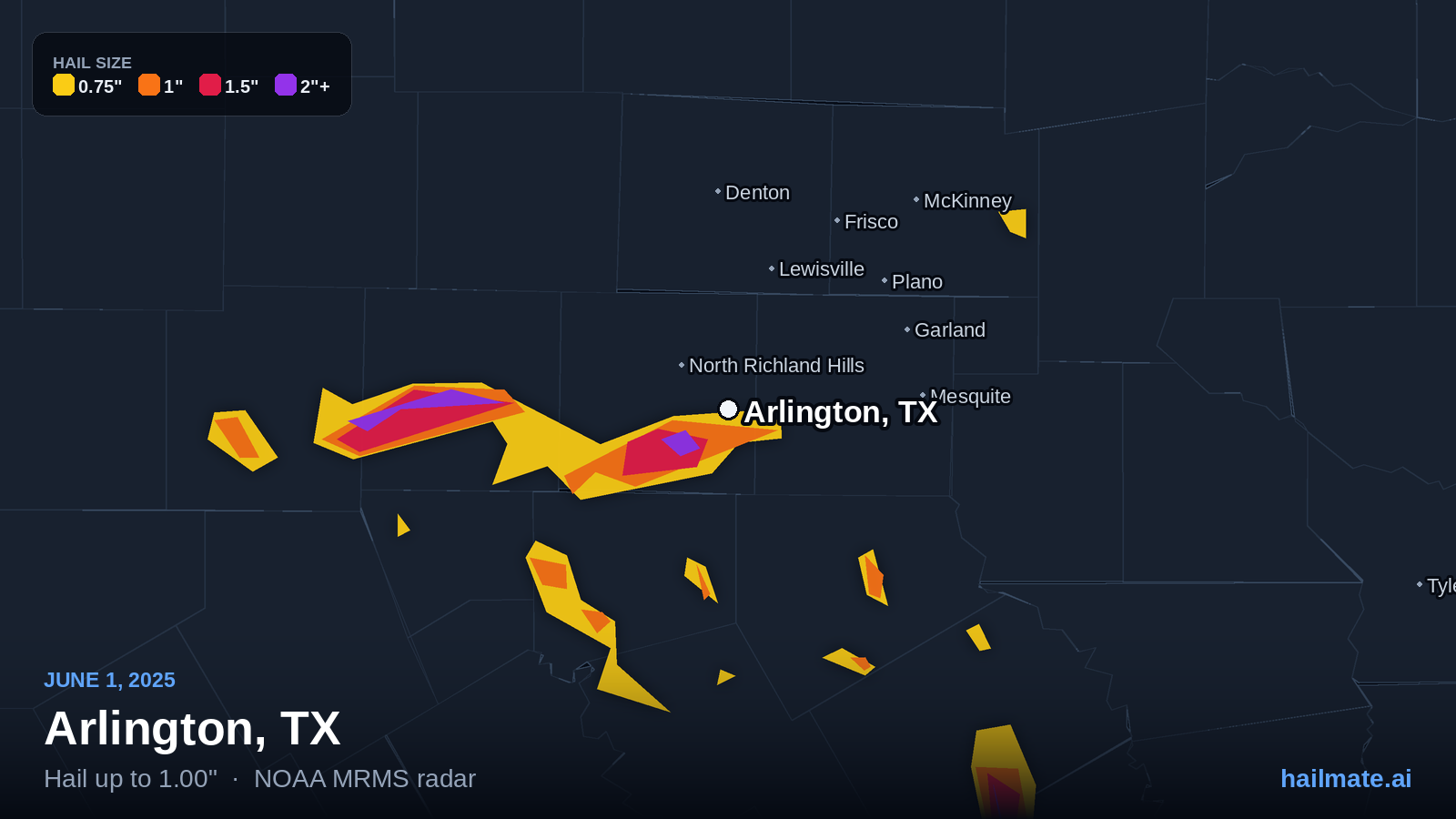 Hail swath map for Arlington, TX on June 1, 2025 showing 1.00 inch hail.