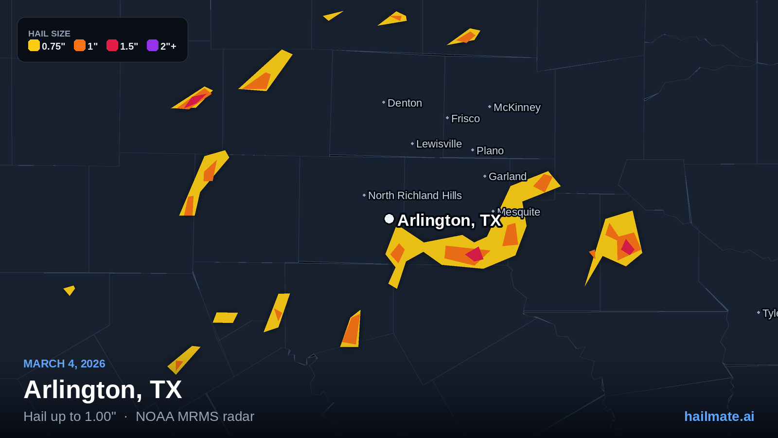 Hail swath map for Arlington, TX on March 4, 2026 showing 1.00 inch hail.