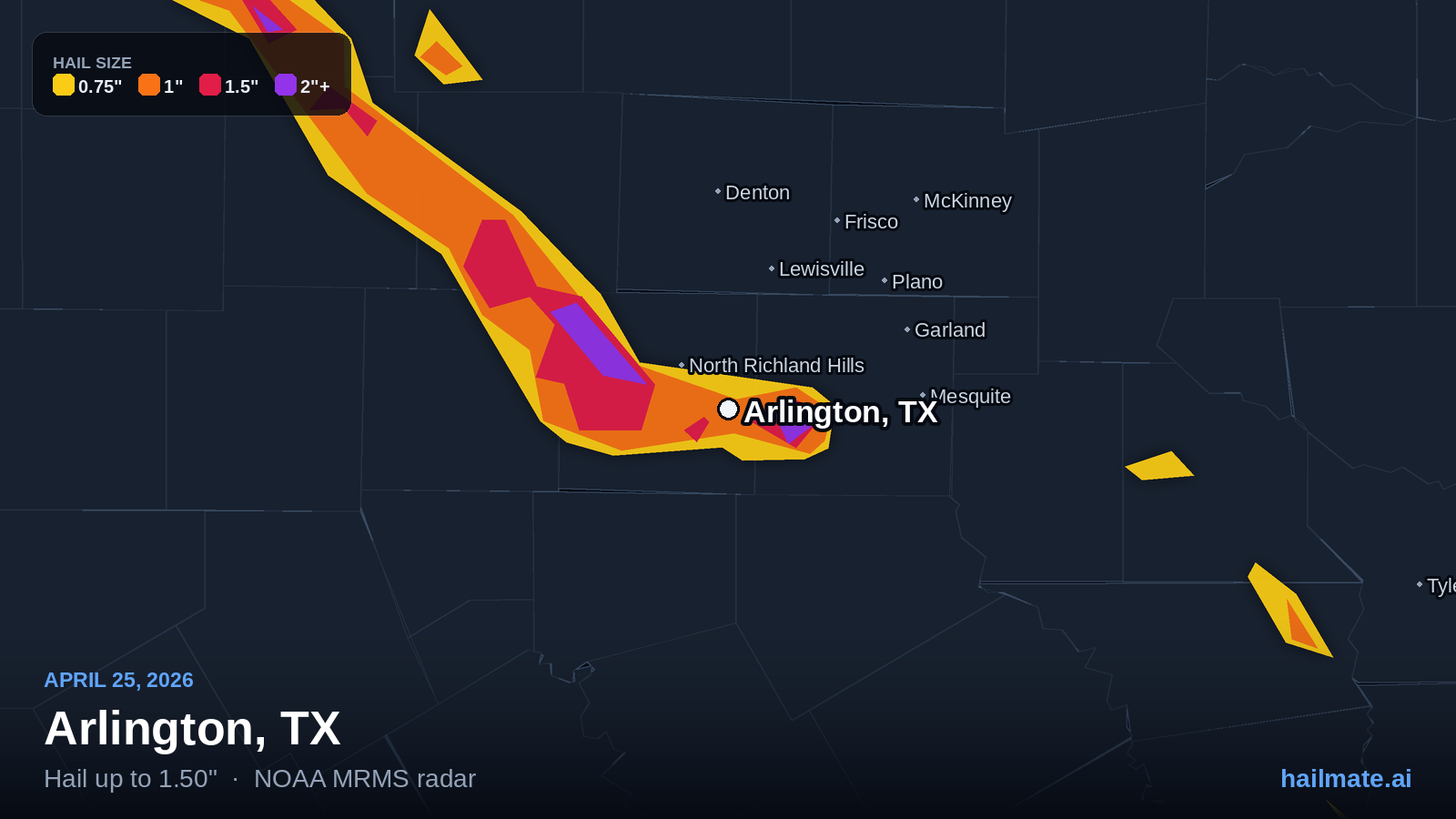 Hail swath map for Arlington, TX on April 25, 2026 showing 1.50 inch hail.