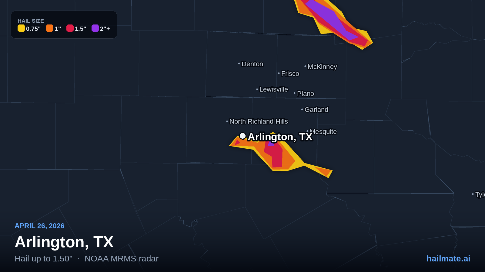 Hail swath map for Arlington, TX on April 26, 2026 showing 1.50 inch hail.