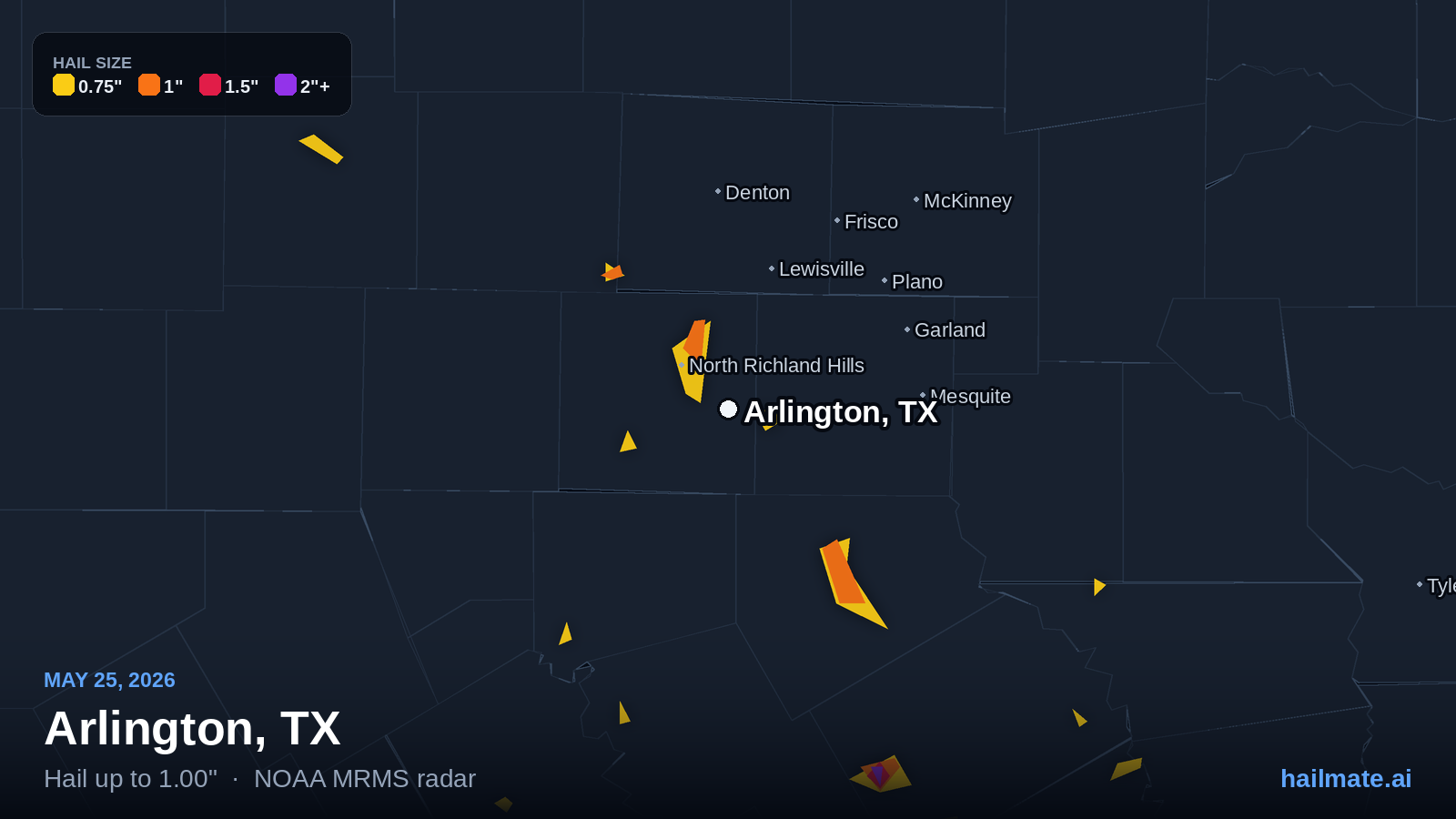 Hail swath map for Arlington, TX on May 25, 2026 showing 1.00 inch hail.
