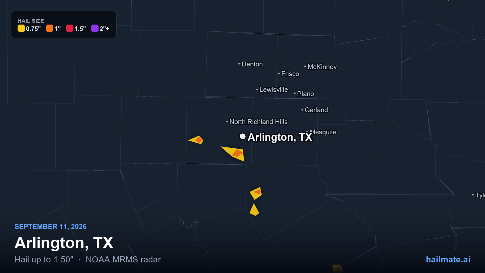 Hail swath map for Arlington, TX on September 11, 2026 showing 1.50 inch hail.