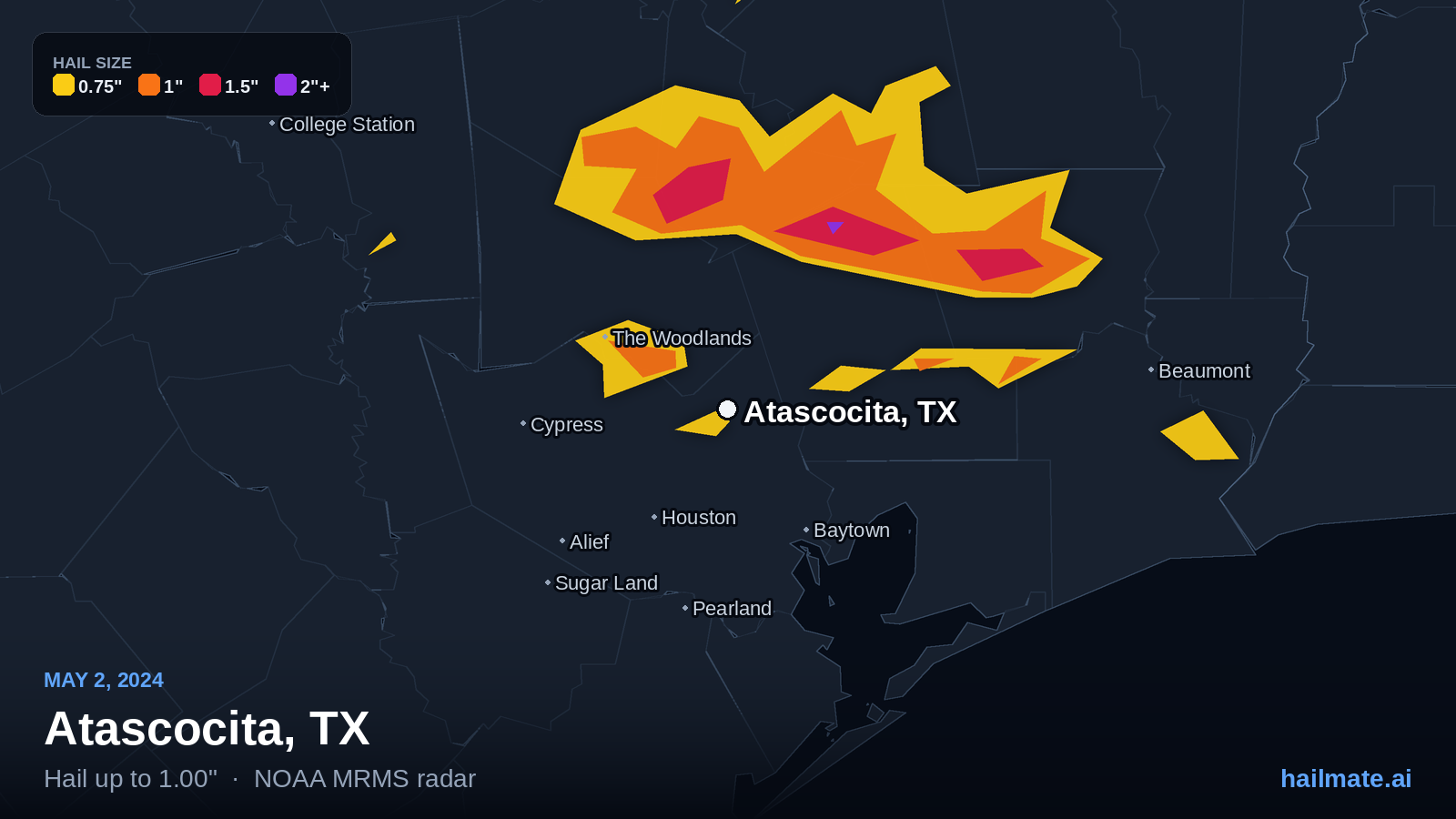 Hail swath map for Atascocita, TX on May 2, 2024 showing 1.00 inch hail.